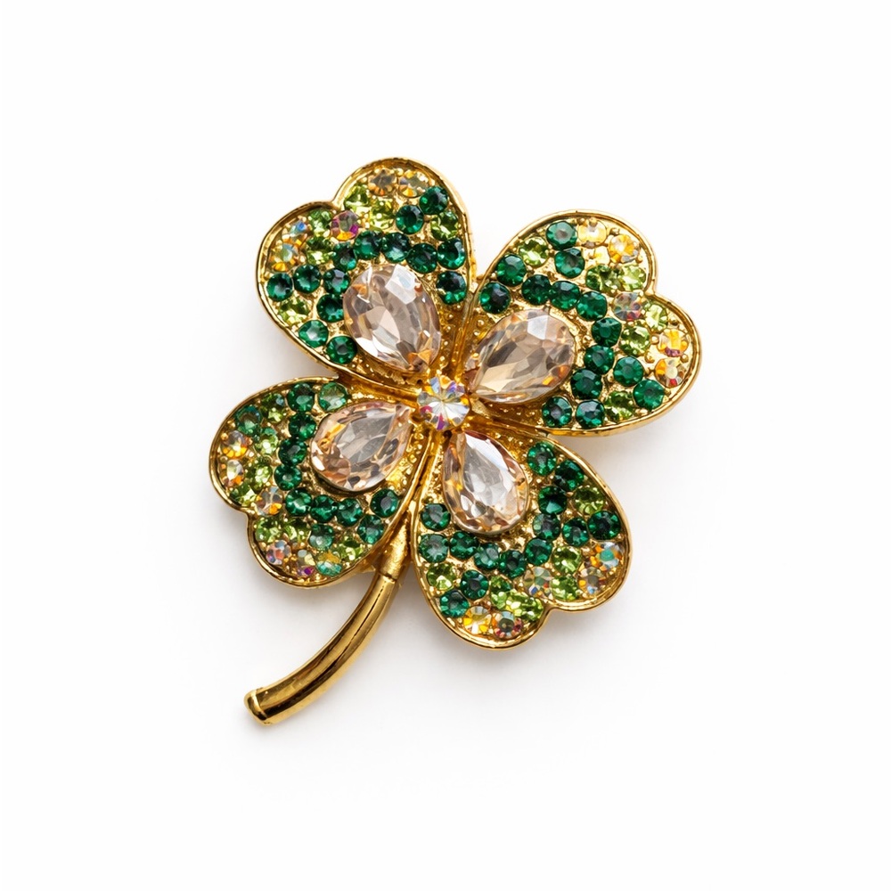 BROOCH | Vintage Gold-Tone Green Crystal Four-Leaf Clover Brooch